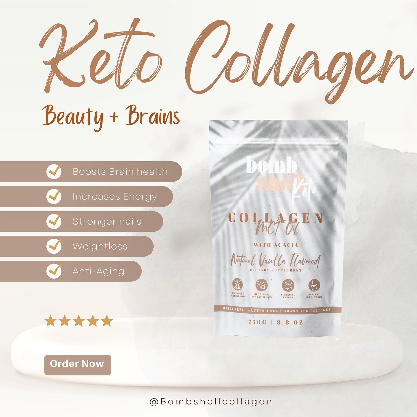 Bombshell Collagen KETO - NATURAL VANILLA FLAVOURED COFFEE CREAMER WITH COLLAGEN, ACACIA, & MCT OIL